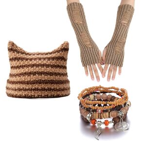 3pcs therian stuff ، y2k therian grunge accessories for women ، قفازات مثبتة ، أساور خيالية ، قبعة قطة متشابكة Grunge ، therian gear y2k ملحقات الملابس khaki
