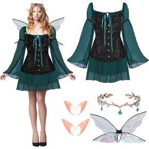 6 Pcs Carnival Fairy Costume Women Renaissance Short Dress Corset Rhinestone Leaf Crown Elf Ear Wings for Cosplay