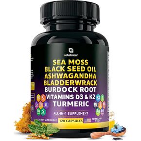 Sea Moss Black Seed Oil Ashwagandha Bladderwrack Burdock Turmeric & Vitamin C, D3, K2 with ACV Elderberry Manuka Honey Dandelion Yellow Dock Iodine Chlorophyll 120 Count