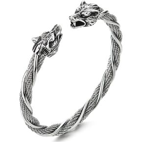 COOLSTEELANDBEYOND Mens Womens Stainless Steel Double Wolf Heads Braided Cable Cuff Bangle Bracelet Adjustable