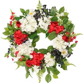 22IN Patriotic Wreath Red Hydrangeas White Flowers Blue - Spring Summer Front Door Wreath - Silk Handmade Farmhouse Outdoor Independence Day Decor, Gift