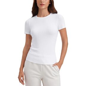 CRZ YOGA Womens Ribbed Modal Casual Short Sleeve Crew Neck Basic Shirts Going Out Soft Fitted Stretchy Athletic Workout Tops
