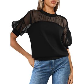 PRETTYGARDEN Women's 2025 Summer Crew Neck Short Sleeve Shirts Lace Going Out Sheer Mesh Crop Tops Dressy Casual Blouses