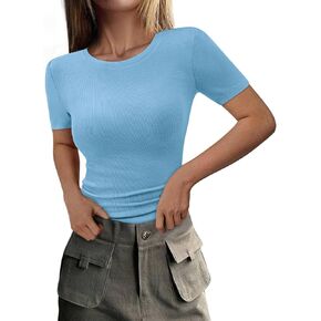 PRETTYGARDEN Women 2025 Summer Crew Neck Short Sleeve Tops Ribbed Knit Slim Fit Fashion Basic Tee Shirts Casual Going Out Top