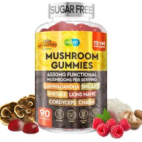 12in1 Mushroom Gummies 4550mg w Ashwagandha Shilajit Lion’s Mane Cordyceps Shiitake Chaga - Complex Mushrooms Supplement for Adults - Energy and Cognitive Focus – Sugar Free - 90 Count (45 servings)