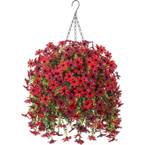 Artificial Fake Spring Summer Hanging Flowers Plants with Basket Outdoor Flower Decor, Faux Silk Colorful Daisy in Metal Coconut Lining Pot Plastic Decor Farmhouse Home Garden (Purple)