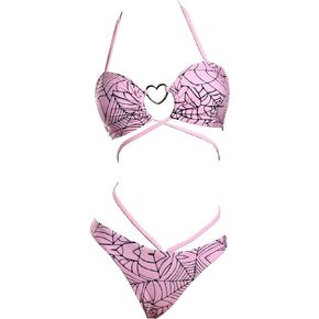 MEOWCOS Goth Bikini Swimsuit Gothic Pink Spider Web Print Bathing Suit Dark Style Goth Swimsuit