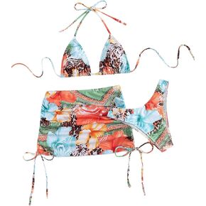 SEGT Women's Floral Swimsuits Triangle Tie Halter High Cut Cheeky Bikini Set 3Pcs Swim Set