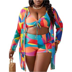 Women's Plus Size Bathing Suit 3 Piece Bikini Set Tie Front High Waisted Swimsuit with Cover Up Swim Shorts Set
