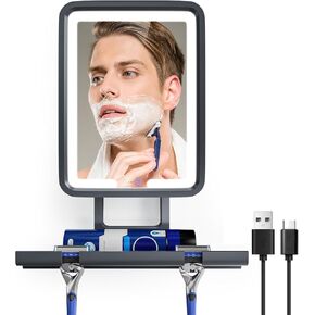Shower Mirror Fogless for Shaving, Anti Fog Bathroom Mirror with Light, Heated Fog Free Shaving Mirror, 5000mAh Rechargeable Battery with 2 Razor Holders & Storage Tray, 3-Color Dimmable