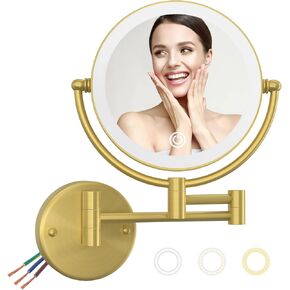 Wall Mounted Lighted Makeup Vanity Mirror with Magnification, 8 Inch Double Sides 10X Magnifying Bathroom Mirror 3 Color Lighting Touch Dimming, Extended Arm Shaving Mirror Hard Wired, Brushed Nickel