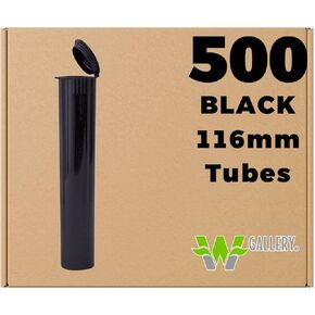W Gallery 500 Black 116mm OPEN CAP Pop Top Tubes - Airtight Smell Proof Containers - Plastic Medical Grade Prescription Bottles for Pills Herbs Flowers Supplements, Bulk Pack, Not Glass Jars
