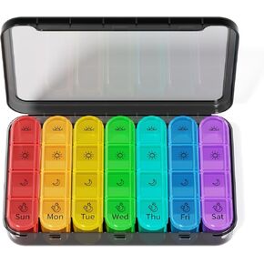 Zoksi Pill Organizer 4 Times a Day, BPA Free Weekly Travel Pill Box，Daily Pill Case with 28 Compartments to Hold Medicine, Vitamin and Supplement(Black)