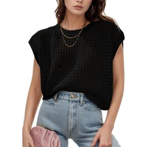 Womens Summer Sweater Vest Crochet Knit Cap Sleeve Shirts Crewneck Hollow Out Pullover Beach Tank Tops