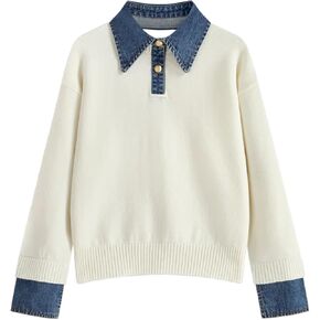 Womens Fall Oversized Long Sleeve Sweaters 2 in 1 Denim Panel Lapel Sweater V Neck Ribbed Pullover Tops