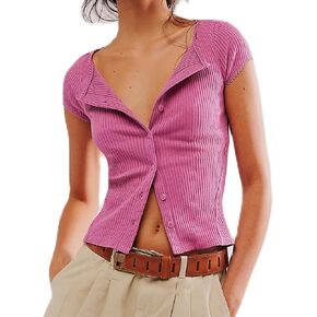 Womens Short Sleeve Button Up Slim Tshirt Crewneck Button Down Ribbed Knit Cardigan Tee Going Out Basic Dressy Tops