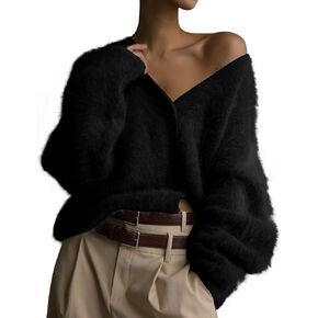 COZYPOIN Womens Fuzzy Mohair Cardigan Open Front Button Down V Neck Long Sleeve Sweater Slouchy Drop Shoulder Knit Coat