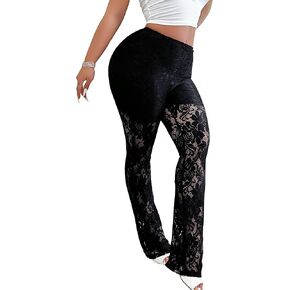 Womens Lace Pants for Women Sexy Lace Flare Pants for Women Black Mesh Pant See Through Sheer Rave