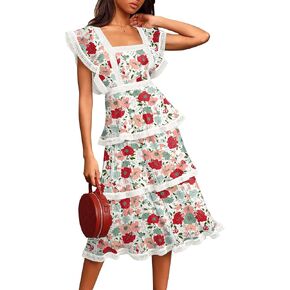 ETCYY Women's Summer Ruffle Dress Tiered Layed Chiffon Lace Short Sleeve Boho Floral Print Party Wedding Guest Maxi Dresses