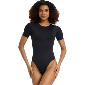 Fanica Women's Short Sleeve Bodysuit Crew Neck Button Closure Stretchy Casual T-Shirts Tops Jumpsuit