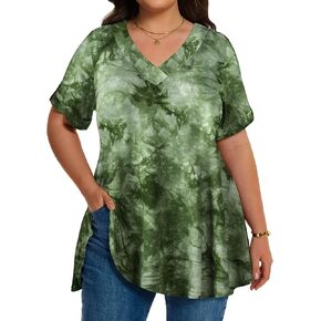 LARACE Women Plus Size Summer Tops Cuffed Short Sleeve Women's V Neck Tunics T-Shirts Blouses Clothes to Wear with Leggings