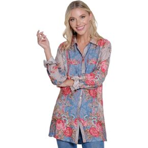 john mark womens Floral Scarf Print Button Front Top With Roll Tab Sleeves