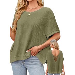 Womens Summer Tops Casual Short Sleeve Sweater Oversized Loose Fit Tunic Backless Shirts Waffle Knit Flowy Blouses