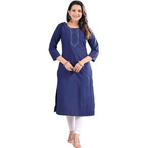 Ramkudi Womens Plain Cotton Kurti Top | Straight Fit Round Neck Kurta | 3/4 Sleeves Tunic Top | Casual Indian Kurti for Women