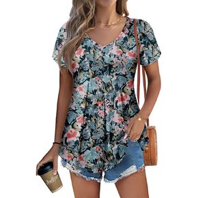 Kissmoda Womens Summer Tops Short Sleeve Floral Derts Ladies v Neck Tunic Tops Lourd Fit Fit Tunics