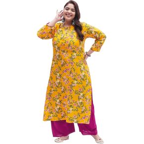 Tissu Women's Plus Size Yellow & Pink Printed Kurta with Palazzo