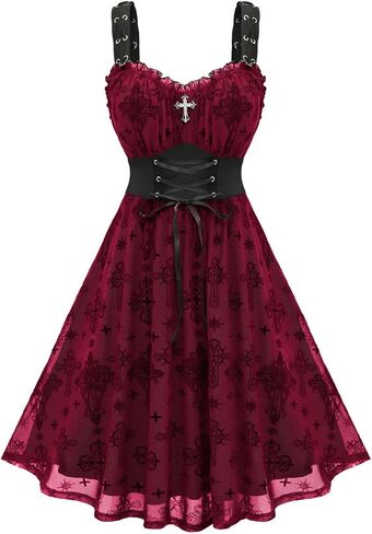 Rosegal Women Plus Size Gothic Cross Mesh Overlay Lace Panel Ruffles Midi Dress Vinatge Goth Dress in Kuwait