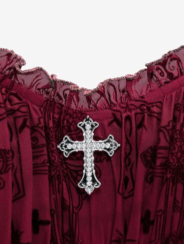 Rosegal Women Plus Size Gothic Cross Mesh Overlay Lace Panel Ruffles Midi Dress Vinatge Goth Dress in Kuwait