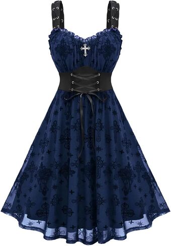 Rosegal Women Plus Size Gothic Cross Mesh Overlay Lace Panel Ruffles Midi Dress Vinatge Goth Dress in Kuwait