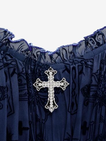 Rosegal Women Plus Size Gothic Cross Mesh Overlay Lace Panel Ruffles Midi Dress Vinatge Goth Dress in Kuwait