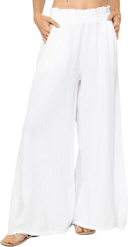 R.Vivimos Women's Cotton Palazzo Pants Casual Elastic High Waisted Loose Flowy Wide Leg Long Trousers Pants with Pockets in Saudi Arabia