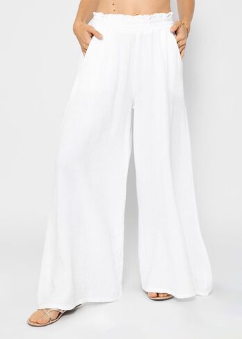 R.Vivimos Women's Cotton Palazzo Pants Casual Elastic High Waisted Loose Flowy Wide Leg Long Trousers Pants with Pockets in Saudi Arabia