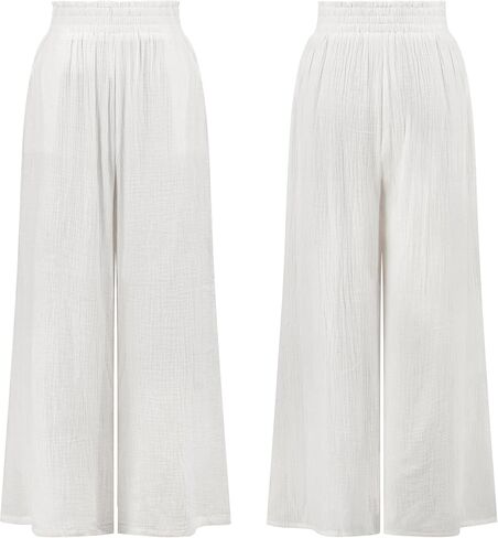 R.Vivimos Women's Cotton Palazzo Pants Casual Elastic High Waisted Loose Flowy Wide Leg Long Trousers Pants with Pockets in Saudi Arabia