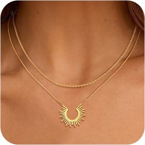 Layered Gold Neckleces for Women, Herringbone Dainty 14K Gold Plated Pendant Necklace for Women Layering Stack Choker Chain Necklace Non Tarnish Trendy Snake Paperclip Necklace Set Jewelry for Women Gift in Saudi Arabia