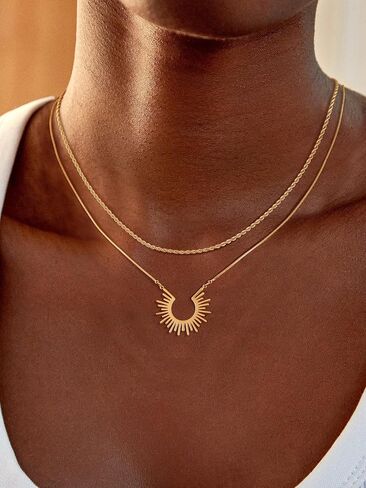 Layered Gold Neckleces for Women, Herringbone Dainty 14K Gold Plated Pendant Necklace for Women Layering Stack Choker Chain Necklace Non Tarnish Trendy Snake Paperclip Necklace Set Jewelry for Women Gift in Saudi Arabia