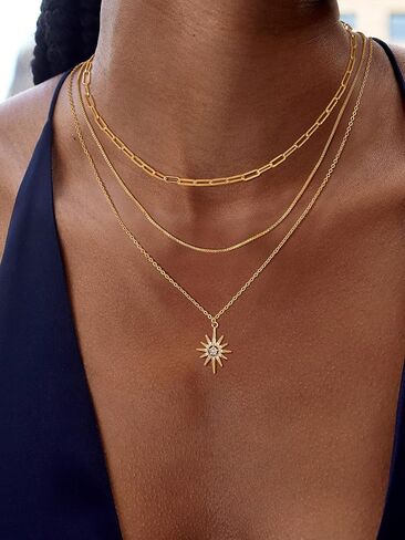 العنق الذهبي ذو الطبقات للنساء ، قلادة قلادة مقصورة من الذهب 14K من الذهب. in Kuwait