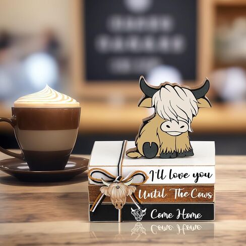 Yookeer 4 PCS Coffee Bar Decor Mini Coffee Bar Accessories Sign Tiered Tray Decor Wood Book Stacks Wooden Book Rustic Farmhouse Table Sign in Saudi Arabia