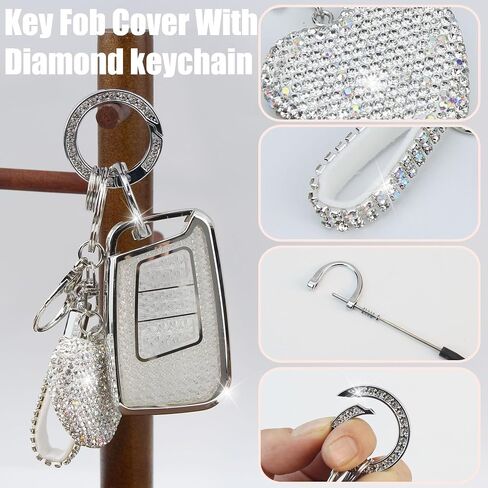 Key Fob Cover with Diamond Keychain Car Key Holder Compatible with VW Volkswagen Atlas Tiguan Passat Jetta GLI Taos Arteon Smart Remote Key Protector for Women, (Silver-Heart) in Saudi Arabia