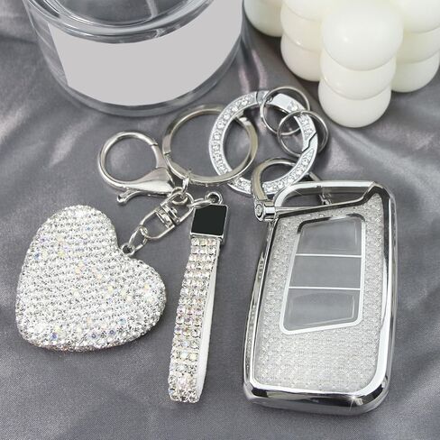 Key Fob Cover with Diamond Keychain Car Key Holder Compatible with VW Volkswagen Atlas Tiguan Passat Jetta GLI Taos Arteon Smart Remote Key Protector for Women, (Silver-Heart) in Saudi Arabia