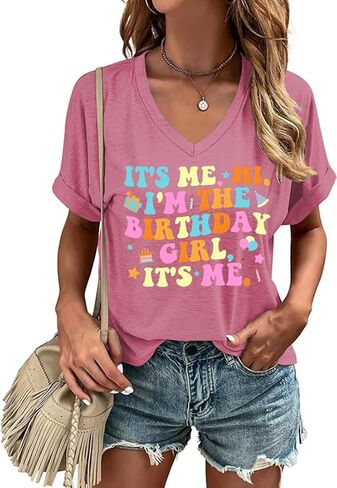 Happy Birthday V Neck Shirt for Women Funny Birthday Girl Graphic Tee Birthday Party Gift Causal Letter Printed Tops in Saudi Arabia