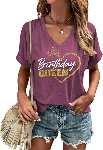 Happy Birthday V Neck Shirt for Women Funny Birthday Girl Graphic Tee Birthday Party Gift Causal Letter Printed Tops in Saudi Arabia