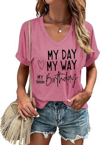 Happy Birthday V Neck Shirt for Women Funny Birthday Girl Graphic Tee Birthday Party Gift Causal Letter Printed Tops in Saudi Arabia
