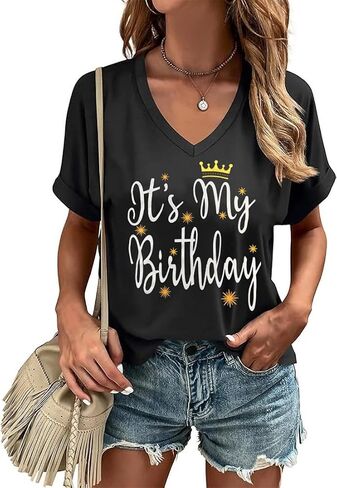 Happy Birthday V Neck Shirt for Women Funny Birthday Girl Graphic Tee Birthday Party Gift Causal Letter Printed Tops in Saudi Arabia
