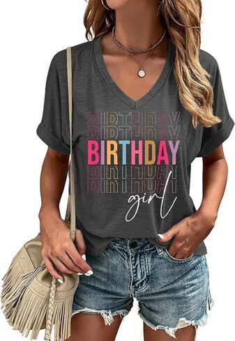 Happy Birthday V Neck Shirt for Women Funny Birthday Girl Graphic Tee Birthday Party Gift Causal Letter Printed Tops in Saudi Arabia