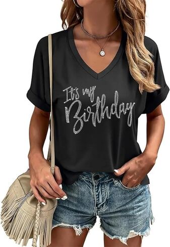 Happy Birthday V Neck Shirt for Women Funny Birthday Girl Graphic Tee Birthday Party Gift Causal Letter Printed Tops in Saudi Arabia