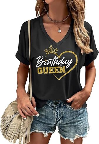 Happy Birthday V Neck Shirt for Women Funny Birthday Girl Graphic Tee Birthday Party Gift Causal Letter Printed Tops in Saudi Arabia